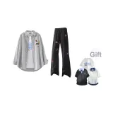 Черно-белая полосатая рубашка + черные повседневные штаны (в комплекте с случайным принтом футболка).