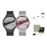 Черный циферблат, черная сетка + фиолетовый циферблат, серебряная сетка [парные часы + серебряный браслет]