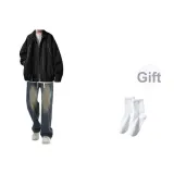 [Комплект из 3 предметов] Куртка черная + длинный белый + джинсы синие