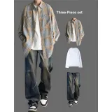 Желтая длинная футболка, белый, джинсы, винтажный синий