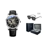 Нержавеющая сталь, металлический циферблат, черный кожаный ремешок