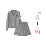 Set (Серый свитер + Простая плиссированная юбка, облегающий крой) с подарками: рубашка + галстук