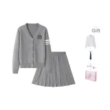 Комплект (Серый свитер + простая юбка с оборками, узкий крой) в комплекте с рубашкой + галстуком