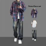 Красный, рубашка, футболка, белый, джинсы, синий, комплект из 3