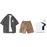 Set (верх черный в клетку + низ хаки) с короткими рукавами