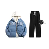 Флисовая подкладка Комплект одежды (Туманно-синий пуховик + Черные повседневные штаны)