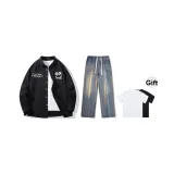 Комплект (Черный топ + Ностальгические синие джинсы) В комплекте с футболкой