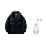 Темно-синий (90% пуховик) + двойная пуговица, белый и серый свитшот, с флисовой подкладкой