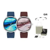Синий кожа + Фиолетовый кожа [Парные часы + Серебряный браслет]