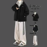 [Трехкомпонентный комплект] Шерпа Черный + Свитер Черный + Штаны Серые с флисовой подкладкой