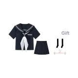 Новый Темно-синий Короткий рукав + 43 см Темно-синий Короткая юбка + Белый Шарф + Пуговица - Пуховые куртки Носки до икры + Вешалка