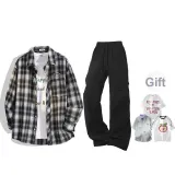 Black Plaid + Black Parachute Pants (В комплекте с футболкой с принтом)