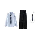 Синяя рубашка + черные брюки, в комплекте бесплатно: галстук + цепочки для брюк