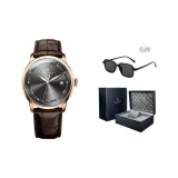 Розовое золото, корпус, черный циферблат, коричневый кожаный ремешок