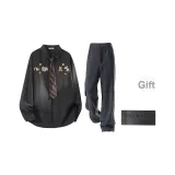 Черный+Темно-серый костюм брюки (в комплекте с брошью) (без воротника)