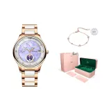 Розовый корпус, фиолетовый ободок, керамика, стальной браслет.