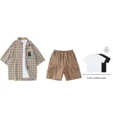 Set (верх желтый check + низ хаки) с короткими рукавами