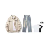 Комплект (Хаки топ + Винтажные синие джинсы) В комплекте с футболкой