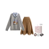 Серый свитер + хаки юбка