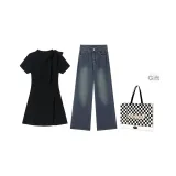 Черная рубашка с коротким рукавом + синие широкие штаны