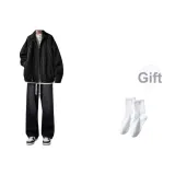 [Комплект из 3 предметов] Куртка черная + длинный белый + джинсы черные