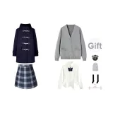 Темно-синий шерстяной пальто + серый кардиган + белая длинная рубашка + короткая юбка в январе + бант, значок + носки до икры + пылезащитный чехол + вешалка