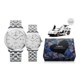 Серебряный ободок, белый циферблат, серебряный стальной браслет [1 пара]