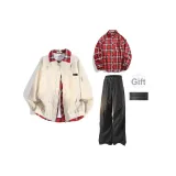 Хаки куртка + красная рубашка + черные штаны