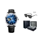 Нержавеющий стальной корпус, синий циферблат, черный ремешок