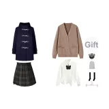 Темно-синий шерстяной пальто + коричневый кардиган + белая длинная рубашка + август короткая юбка + банты, значок + носки до икры + пылезащитный чехол + вешалка