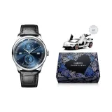 Серебряный корпус, синий циферблат, черный кожаный ремешок