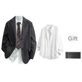 Темно-серая и белая рубашка (в комплекте с брошью) (без воротника)