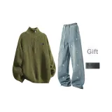 Армейский зеленый + синий джинсы (в комплекте с брошью)