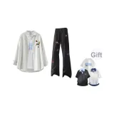 Зеленая и белая полосатая рубашка + черные повседневные штаны (в комплекте с случайным принтом футболка)