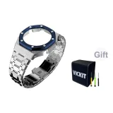 Серебряный корпус, серебряная полоска, синий bezel.