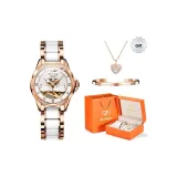 Стальной браслет, розовый корпус, белый циферблат, женский