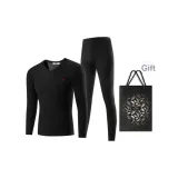 Мужской комплект с V-образным вырезом (Элегантный черный) / Безопасный для кожи хлопок / Двухслойный утолщенный / Сохранение тепла и блокировка температуры