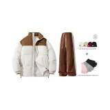 Одежда Комплект (Экрю Пальто + Кофейные Штаны) с Флисовой Подкладкой Перчатка + Плюшевая Шляпа