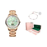 Розовый корпус, зеленая оболочка, розовый стальной браслет