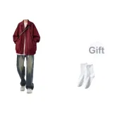 [Комплект из 3 предметов] Красная куртка + длинный белый топ + синие джинсы