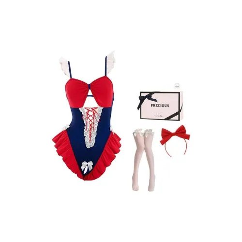 TLXT Красный+Синий [Ободок+Открытая Промежность Комбинезон]+Белый Длинный Чулки+[Коробка] Женское Боди