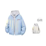 Светло-синяя куртка с бейсбольным воротником (в комплекте с высококачественным белым свитшотом серого цвета с фотинией)