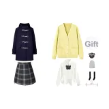 Темно-синий шерстяной пальто + желтый кардиган + белая длинная рубашка + шестиклассная короткая юбка + бабочка, значок + носки до икры + пылезащитный чехол + вешалка