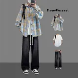 Желтая рубашка + футболка + белые джинсы + черный комплект из 3-х