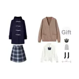 Темно-синий шерстяной пальто + коричневый кардиган + белая длинная рубашка + короткая юбка января + банты, значок + носки до икры + пылезащитный чехол + вешалка