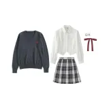 Темно-серый 4-шт. комплект (Вязаный свитер + Рубашка + Юбка + Галстук-бабочка)