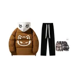 Пуховик Комплект (Кофейный Бежевый Шляпа Топ + Черные Флисовые Подкладочные Повседневные Штаны + Бесплатный Термический Шарф)