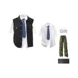 Черный деним жилет + белая рубашка (с зелеными карго штанами + брошь) (без воротника)