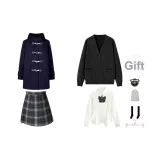 Темно-синий шерстяной пальто + черный кардиган + белая длинная рубашка с утяжкой на талии + мини-юбка + бант, подарок значок + носки до икры + пылезащитный чехол + вешалка