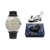 Серебряный корпус, медный циферблат, черный ремешок.